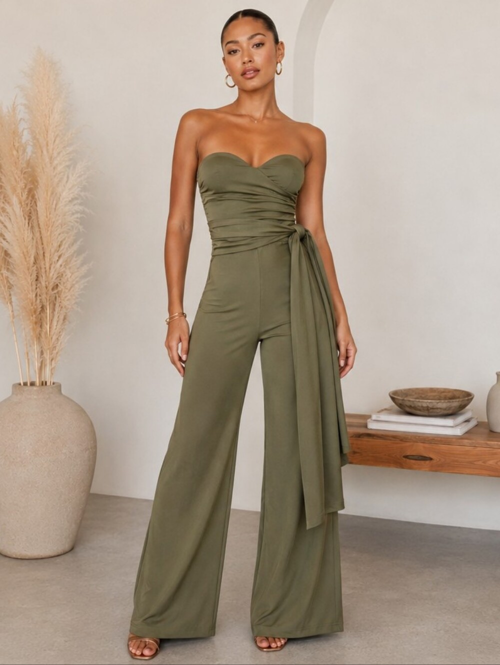 Fall Jumpsuit Strapless Wide-Leg Pant Suit Olive Size Medium